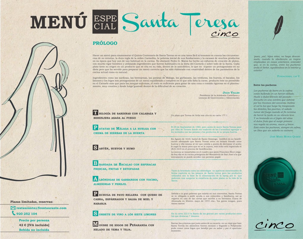 5 Restaurante cuenta con un Menú Especial Santa Teresa con base histórica
